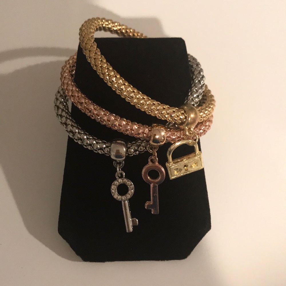 Rose Gold, silver, Gold key and lock bracelet